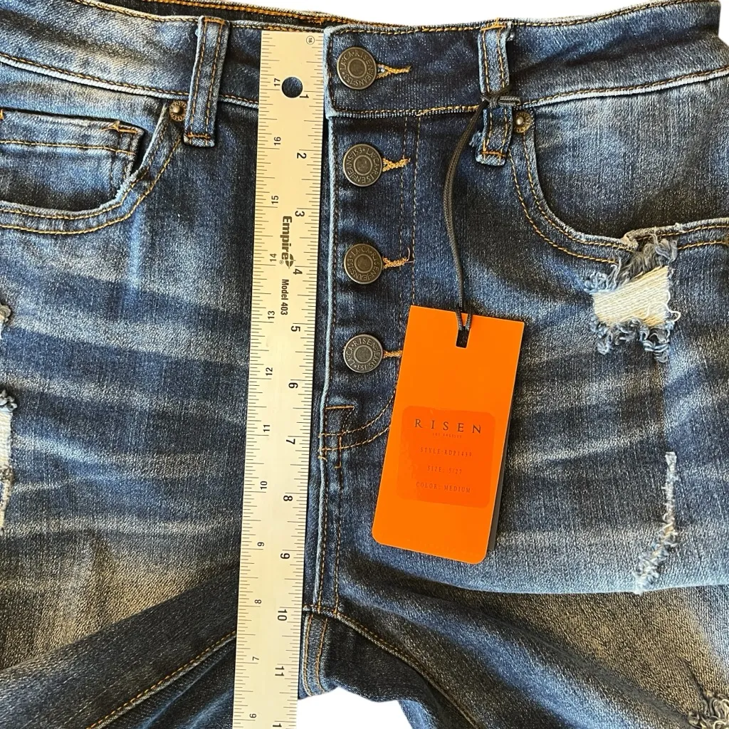 NWT RISEN MID RISE BUTTON FLY DISTRESSED SKINNY JEAN WOMEN’S SIZE 5/27 Blue - Image 12
