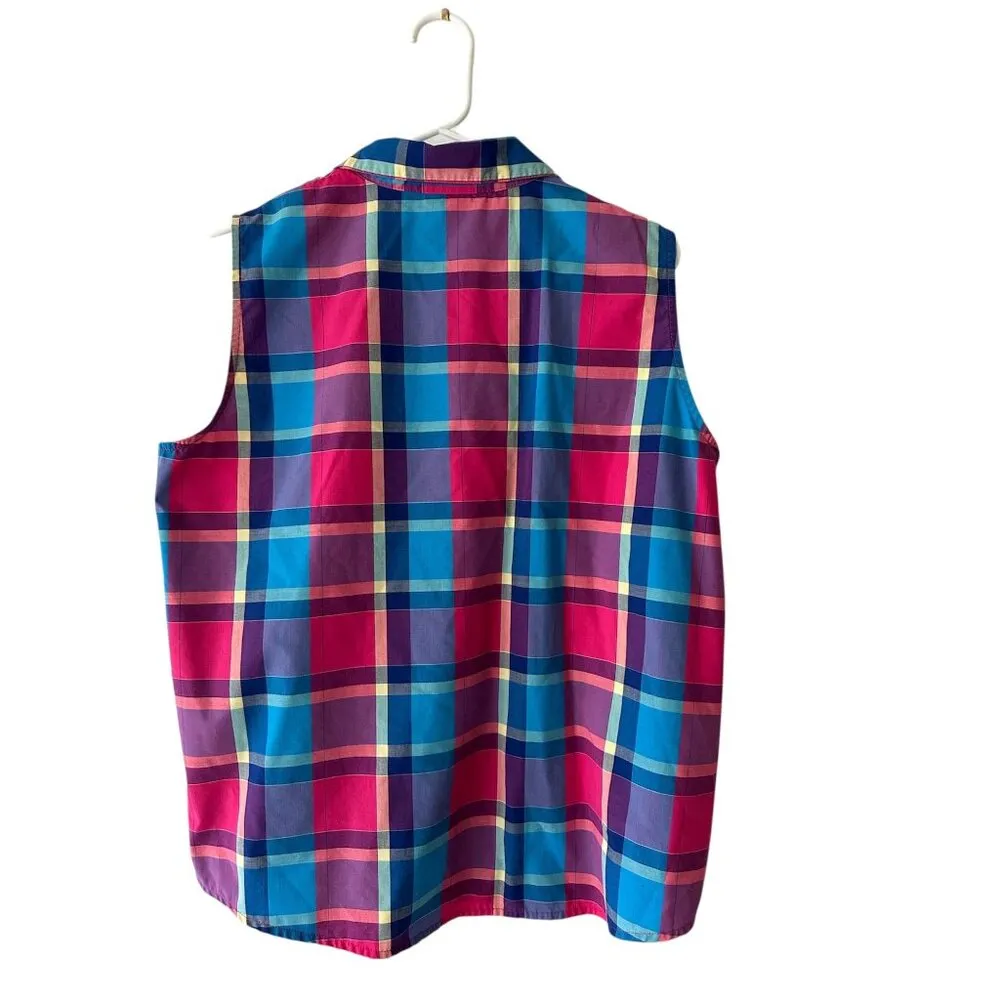 Vintage Alfred Dunner Pink And Blue Button Down Sleeveless Plaid Shirt Sz 16P - Image 2
