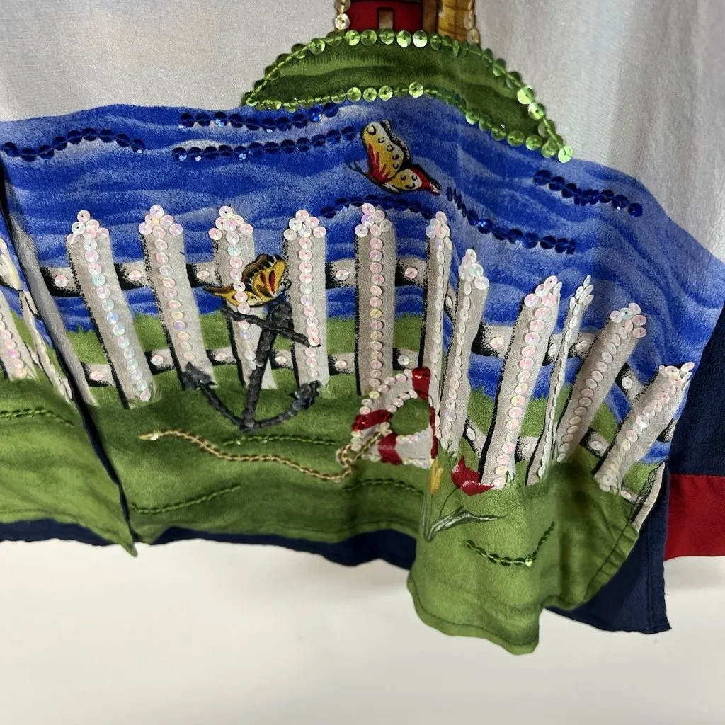 Quacker Factory Womens 100% Silk Button Up Top Size‎ Large Nautical Sequin Art - Image 5