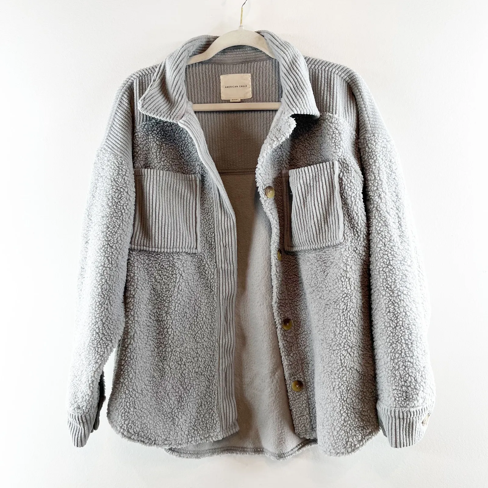 American Eagle Oversized Cozy Sherpa Jacket Shacket Gray XS - Image 2