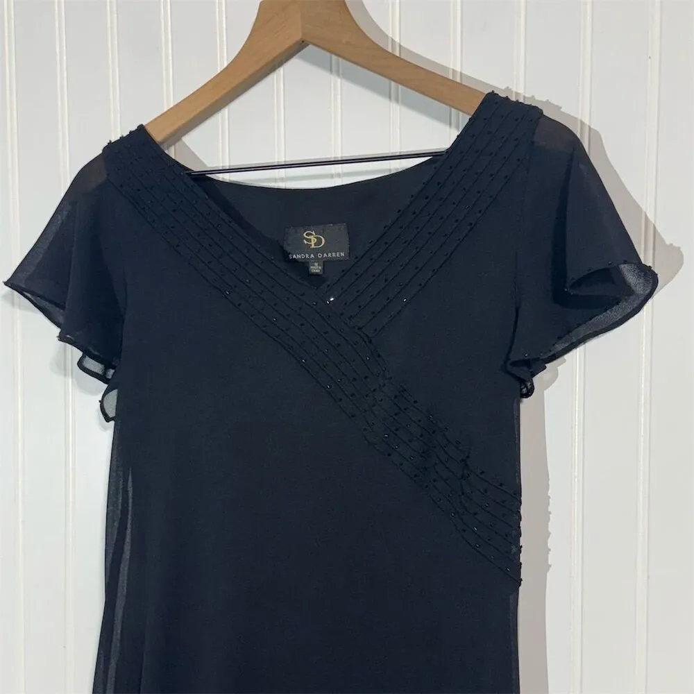 Sandra Darren Women’s Black Evening Midi Dress 12 Beaded Flutter Sleeve Chiffon - Image 3