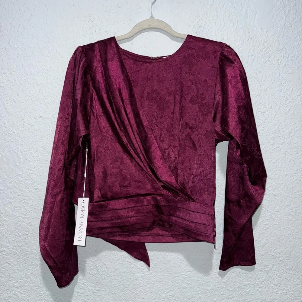 NWT Ronny Kobo Monet Floral Blouse M | Purple Satin
Draped Jacquard Top Size M - Image 4