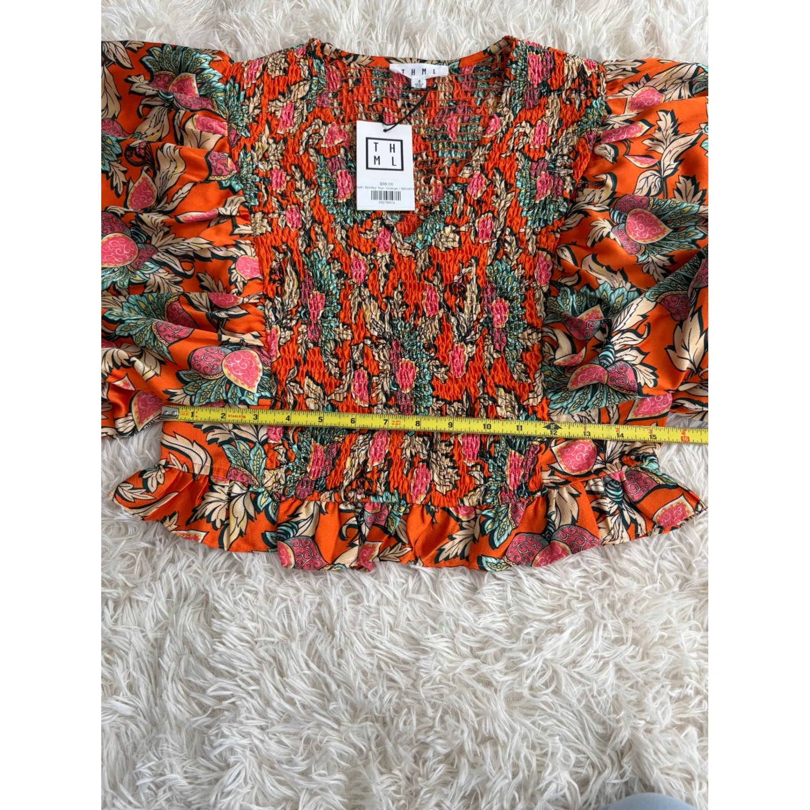 THML Orange Floral Smocked Crop Top Blouse V Neck Puff‎ Sleeve Small New W/ Tags - Image 5