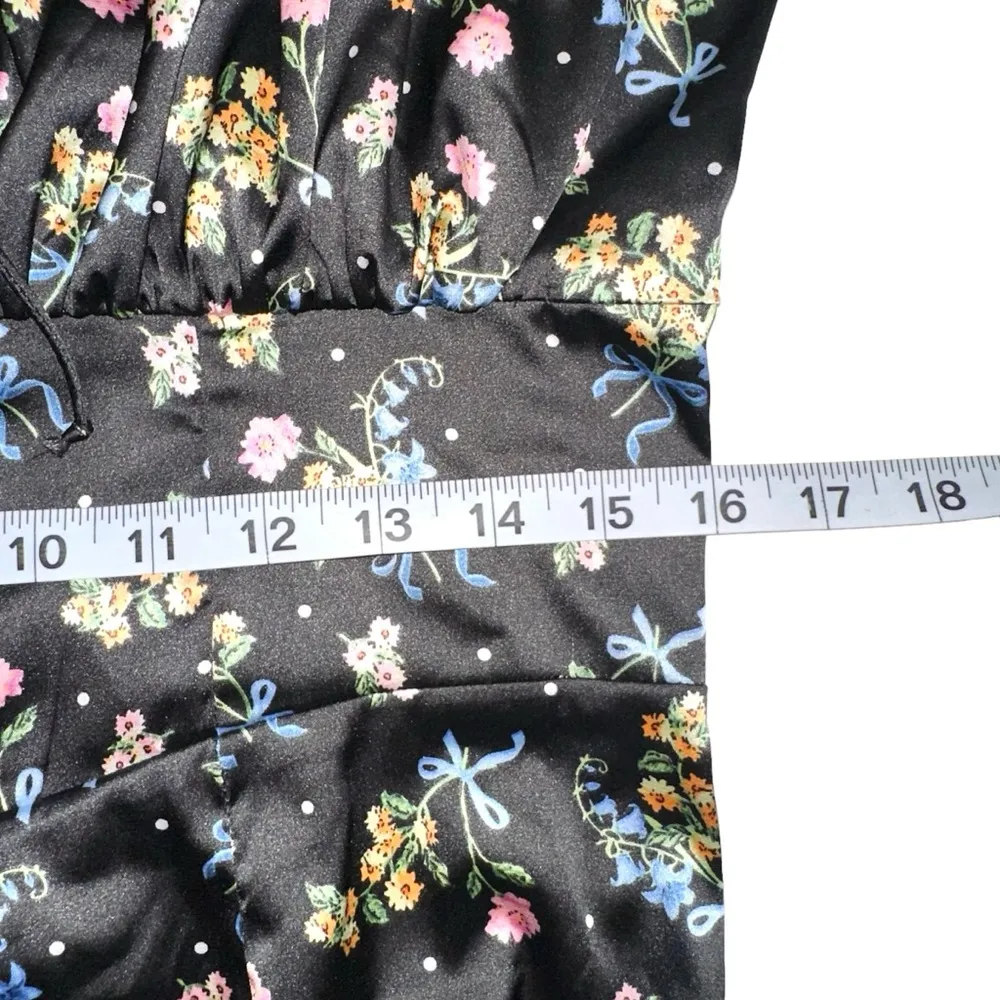 For Love & Lemons August Black Floral Satin Fit And Flare Mini Dress LARGE - Image 8