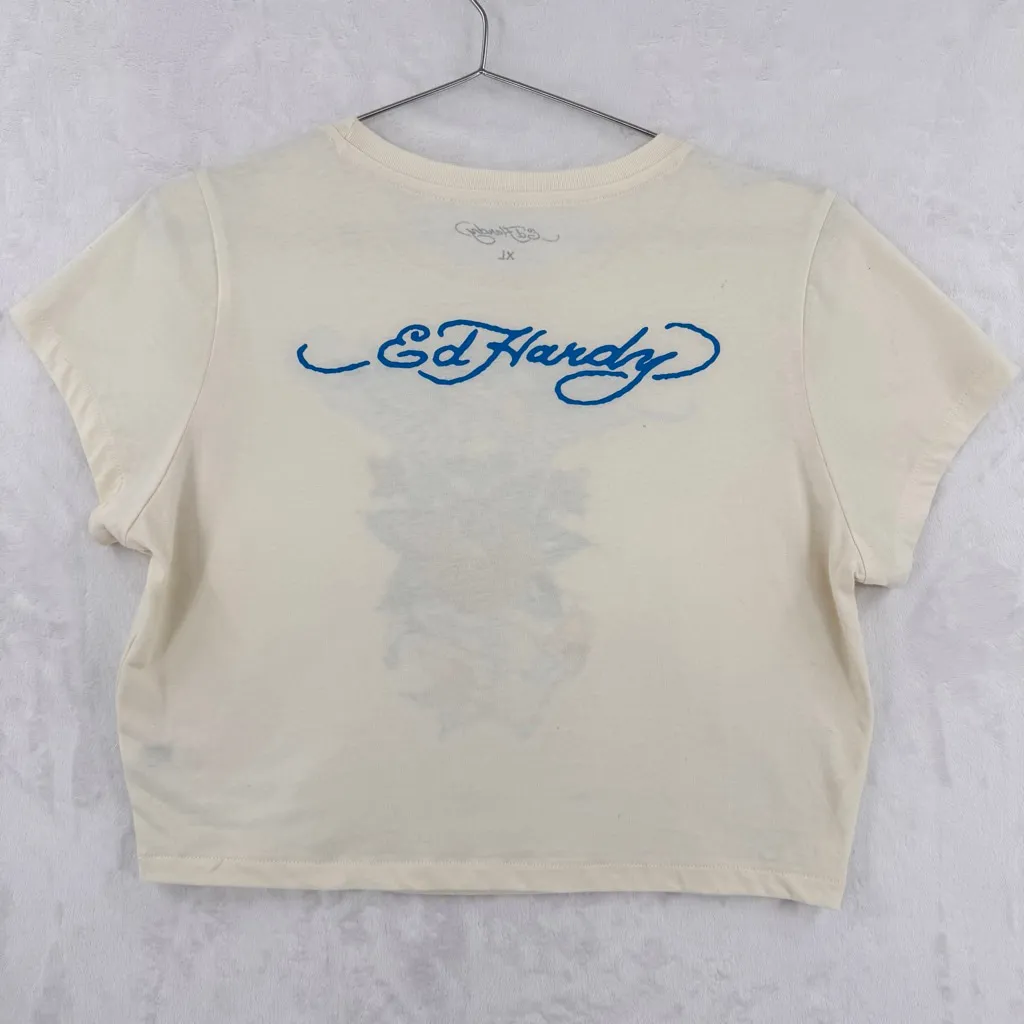 Ed Hardy Baby Tee Cream with Eagle Rose Print Signature Logo on Back XL - Image 2