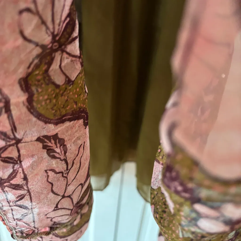 Ulla Johnson RARE Celestia Floral Batik Print Midi Dress Olive Ruffl Silk Size 6 - Image 10