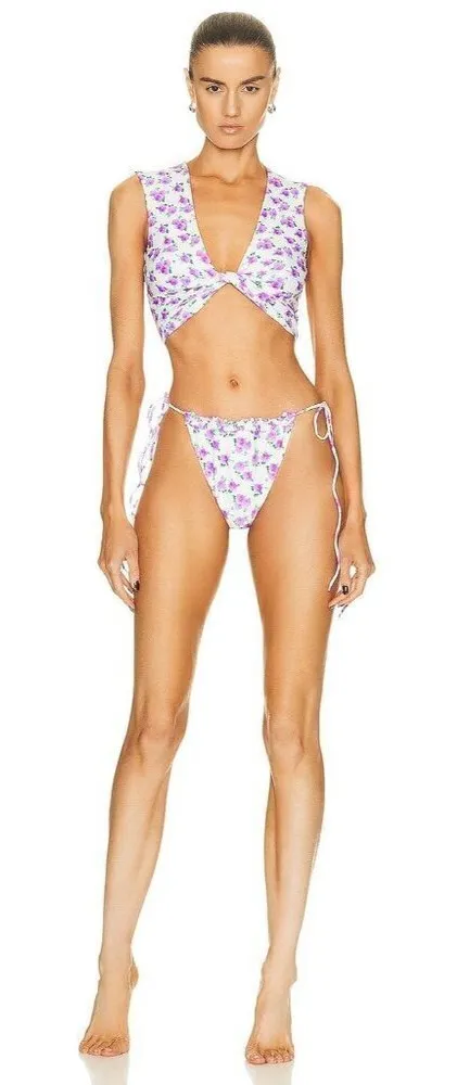 MAGDA BUTRYM Tie Side Bikini Bottom in Violet Print 42 New Womens Swimsuit White Size undefined - Image 1