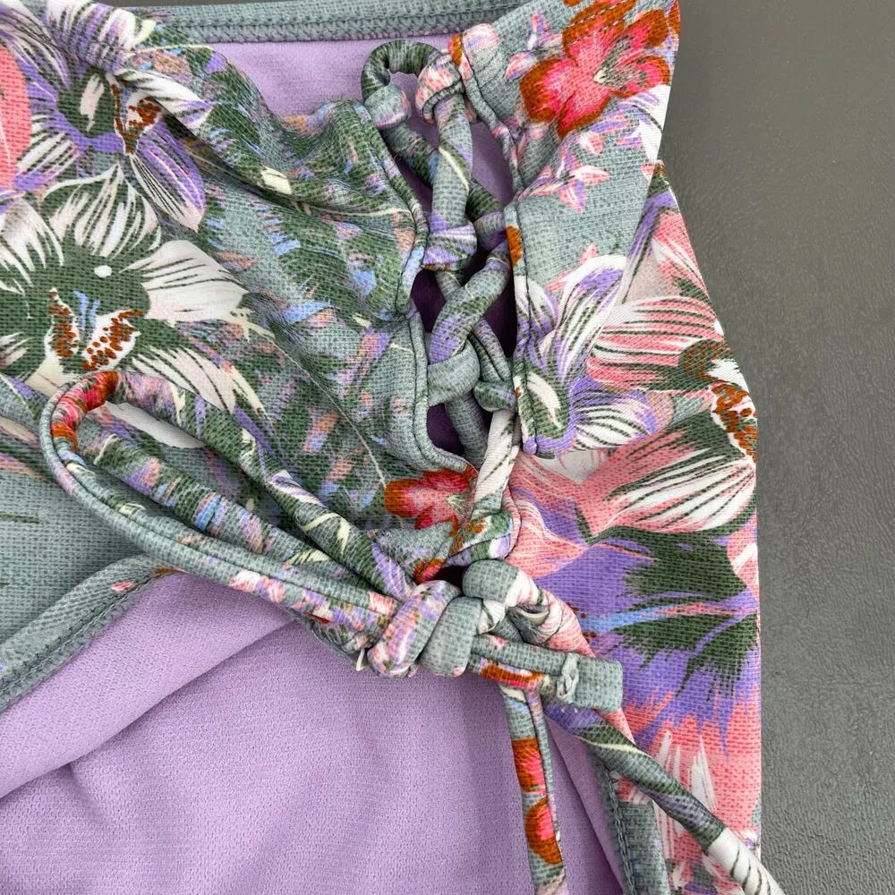 No Boundaries Bikini Set Floral Sage Green Pink Corset Flutter M Top L Bottoms - Image 6