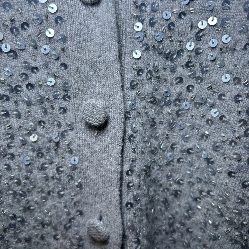 Talbots Sequin Cardigan Sweater Lambswool Business Casual Career Church Gray Tan - Image 4