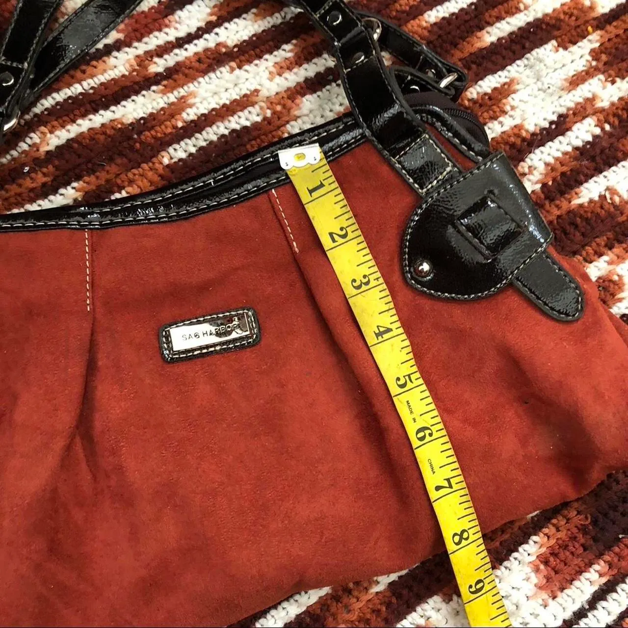 Vintage Y2K 2000s Burnt Rust Orange Hobo Shoulder Hand Bag Purse Buckles Canvas Faux Leather Black #bondage #boho # western #cottagecore #bohemian Measurement in pics Great condition - Image 5