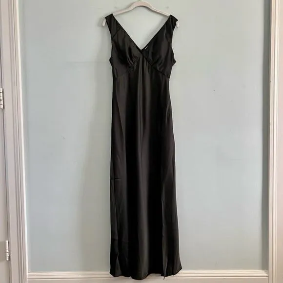 Billy J Taylor Dress Black Satin V Neck Leg‎ Slit Maxi NWT Size US 8 - Image 4