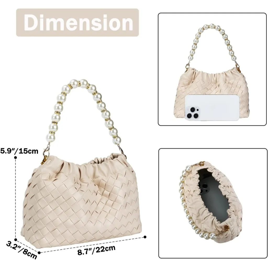 ⚡ Women's Tan Leather Dumpling Pearl Chain Evening Crossbody Clutch Bag - Image 4