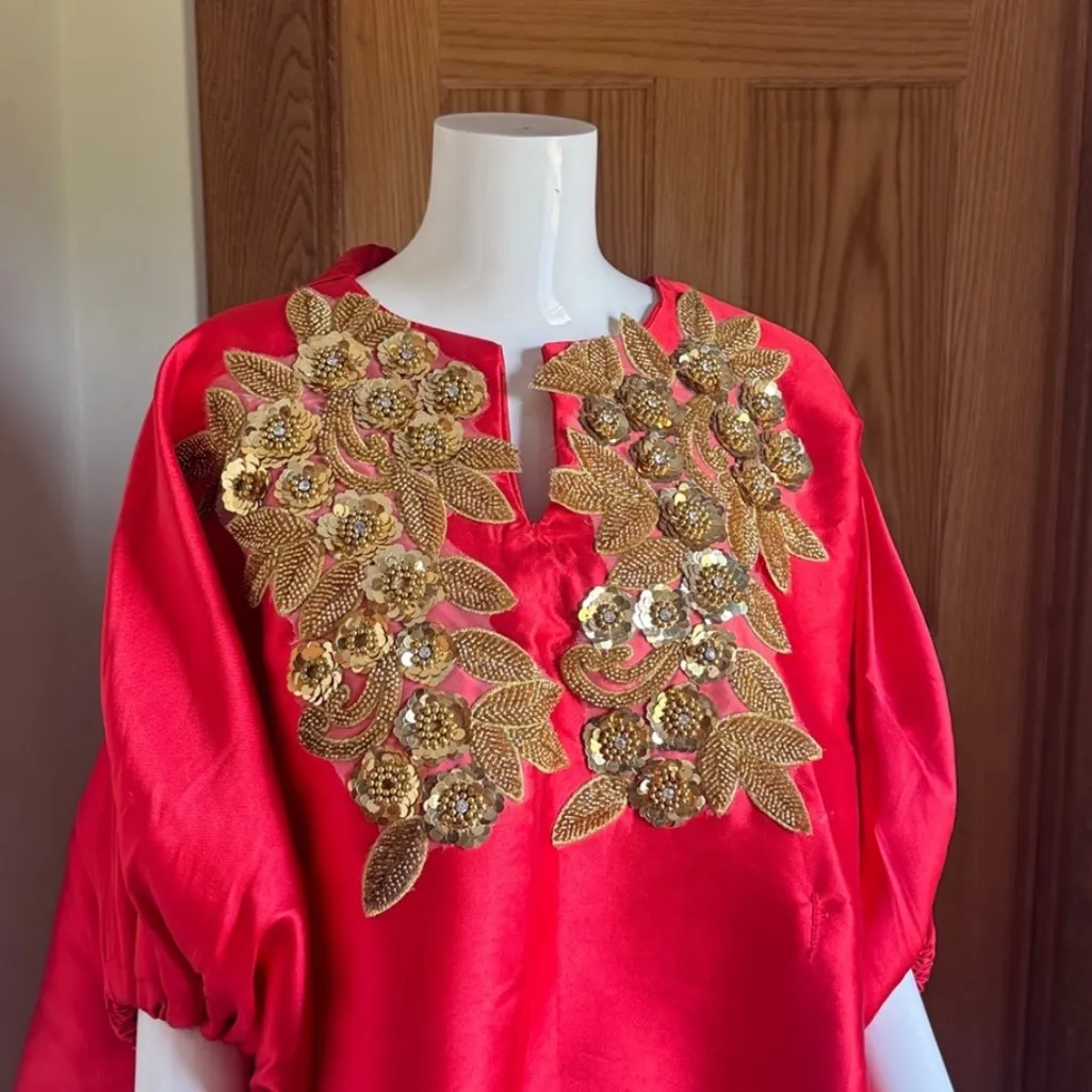 African Mikado Silk Red W/ Gold Embellishments Two Piece Bubu Dress Set SIZE OS - Image 3