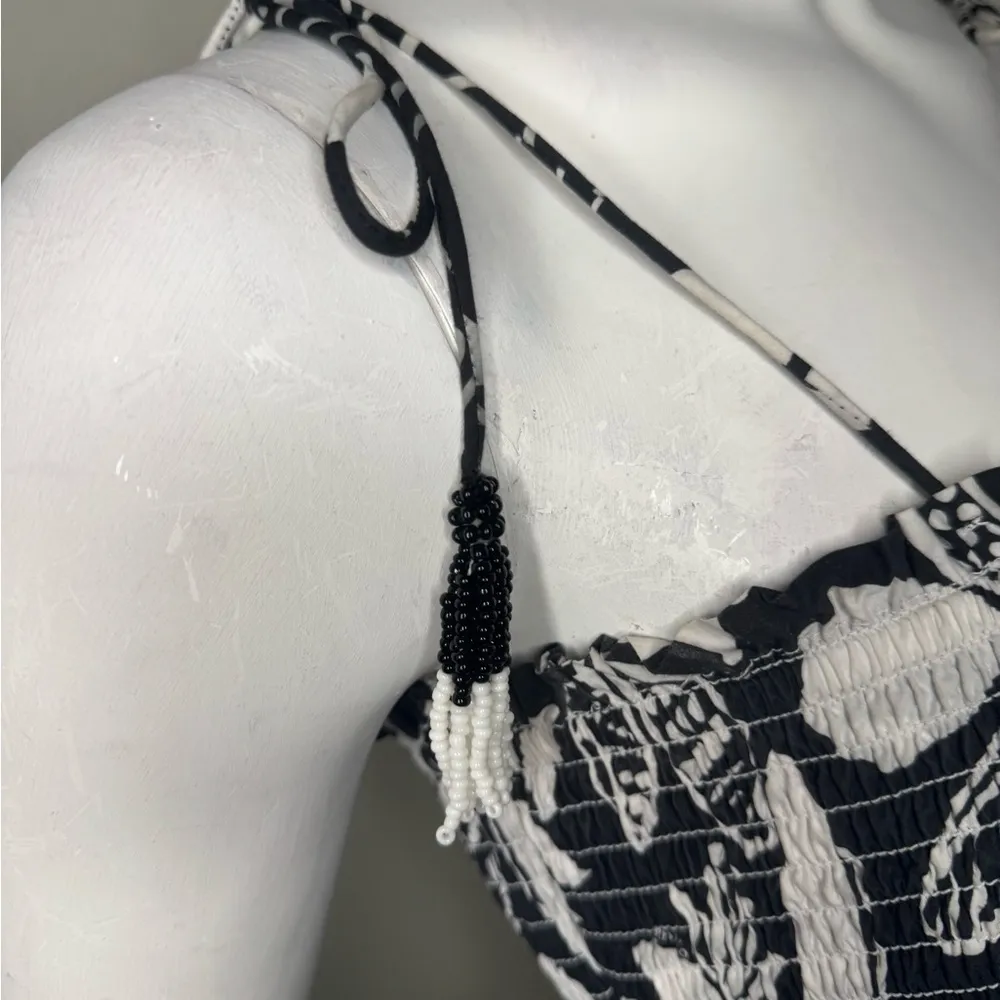 FARM RIO Black/White POPLIN BEADED TROPICAL CELESTIAL SUNS MIDI DRESS M - Image 8