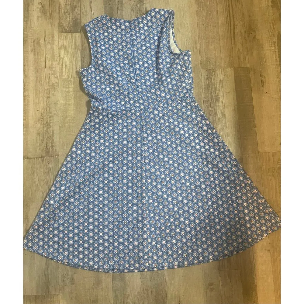 Talbots Fit & Flare Dress Sleeveless Blue Printed Ponte Knit V Neck Med Petite - Image 13