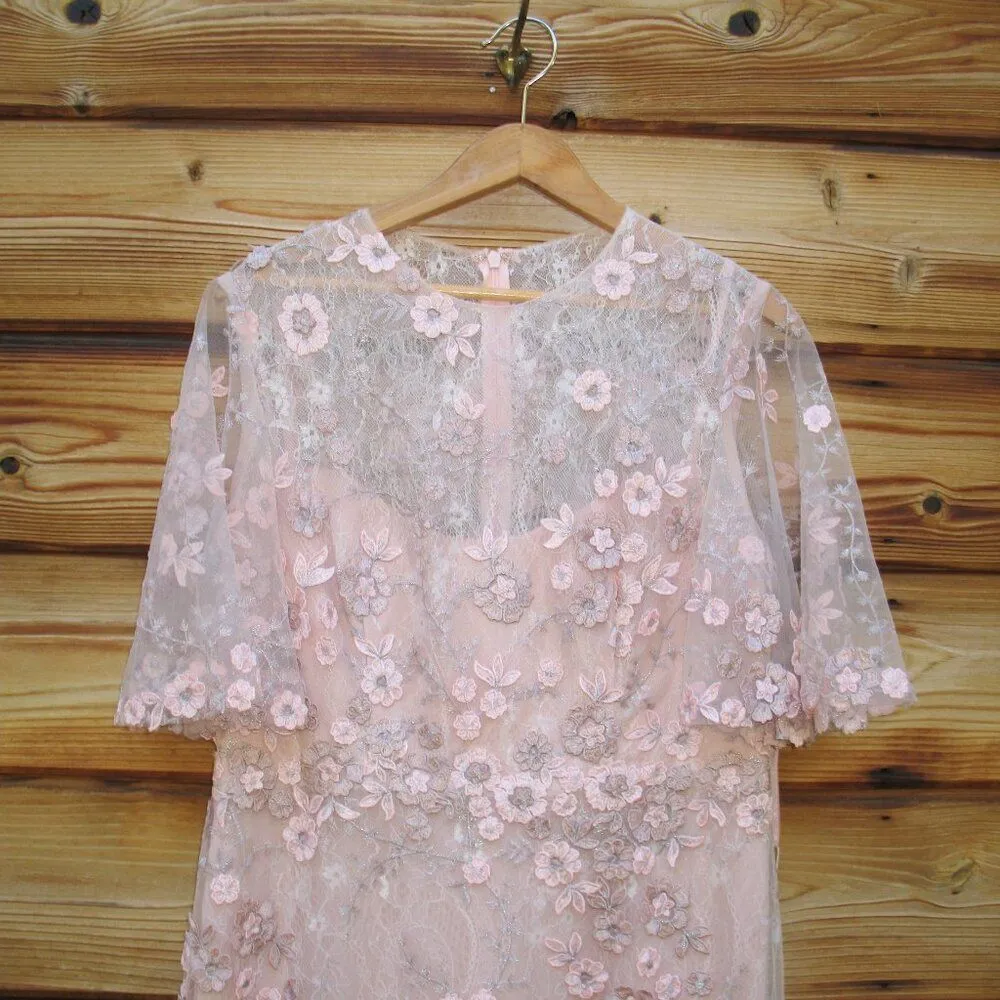 MAC DUGGAL 68810 Pink Flutter Sleeve Floral Embroidered Net Gown Dress - Image 7