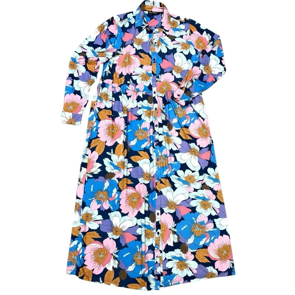 Tolani Collection Floral Maxi Shirt Dress Medium, Long Sleeve Floral Retro Print - Image 8
