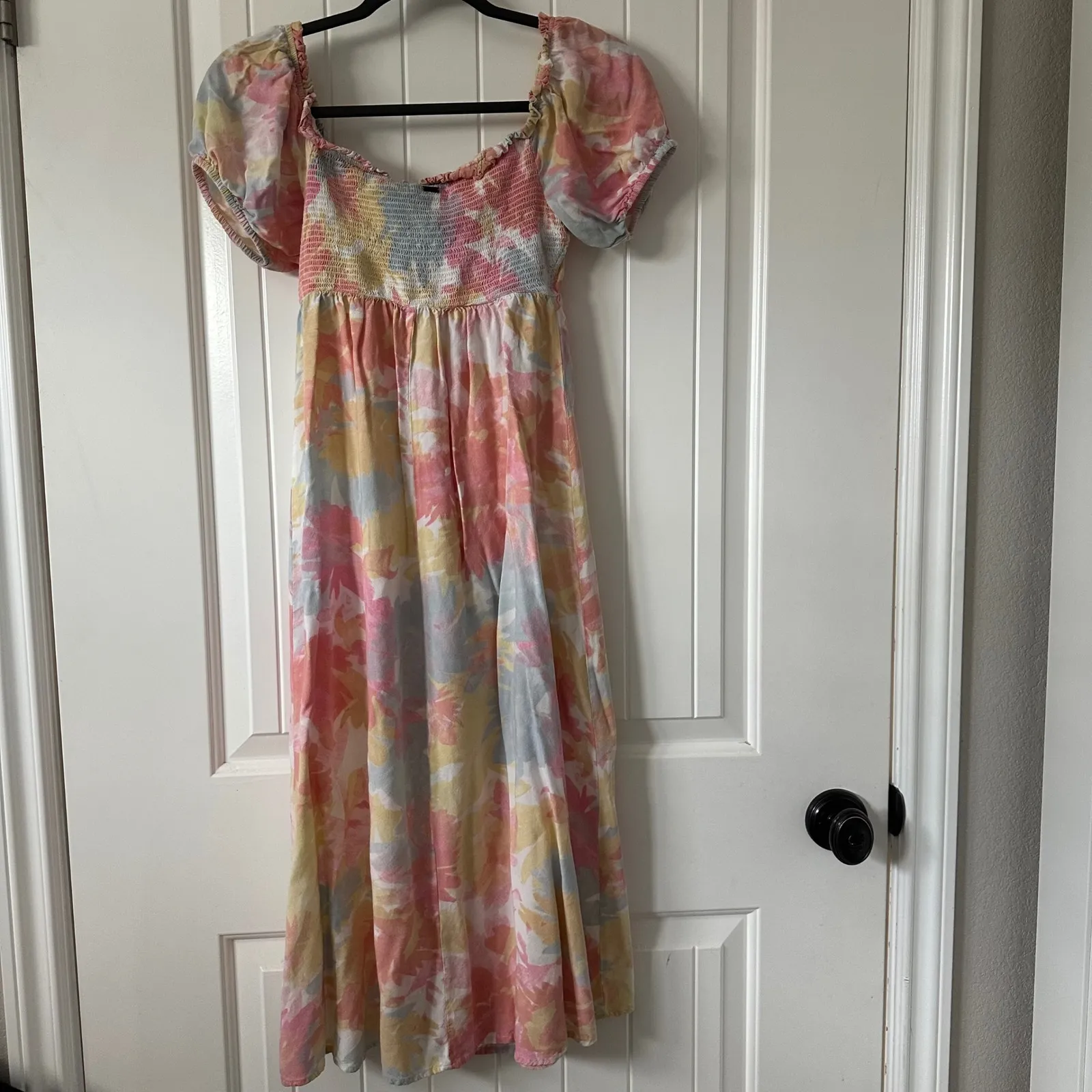 O'Neill Smocked Midi Dress Floral Print Puff‎ Sleeve Tie Front XS - Image 4