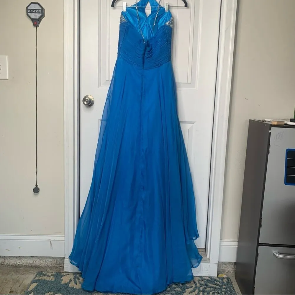 Cassandra Stone by‎ Mac Duggal embellished beaded blue halter maxi gown size 6 - Image 4