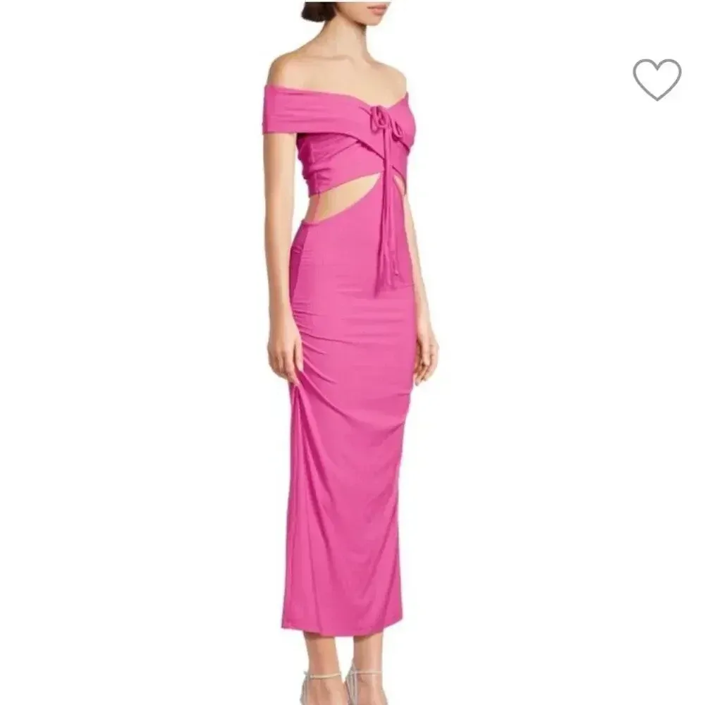 JONATHAN SIMKHAI NWT Akane Shaping Rib Off Shoulder Cutout Halter Tie Dr…‎ Pink - Image 10