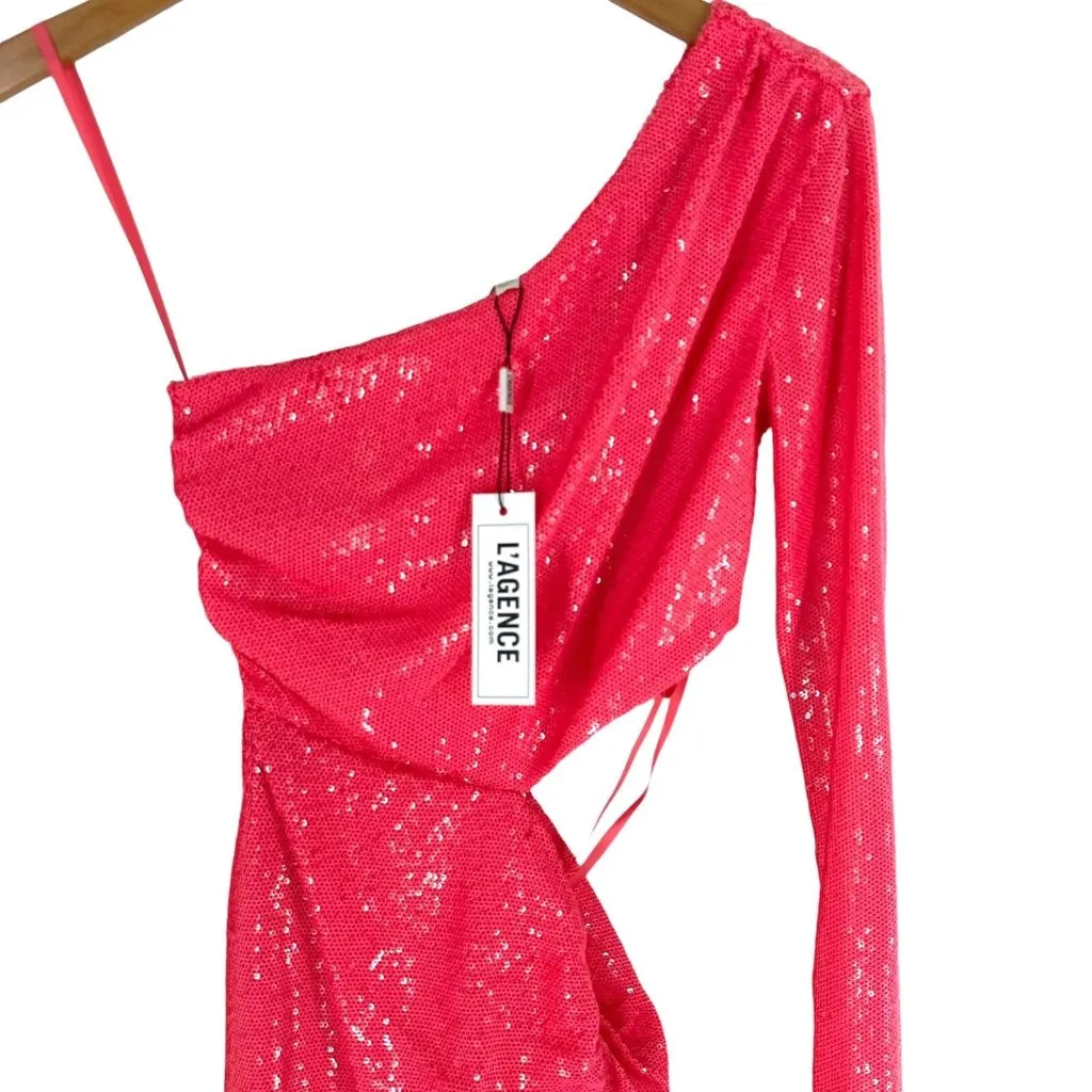 L’Agence Christie Hot Pink Sequin One-Shoulder Cutout Sheath Dress Size 0 - Image 4