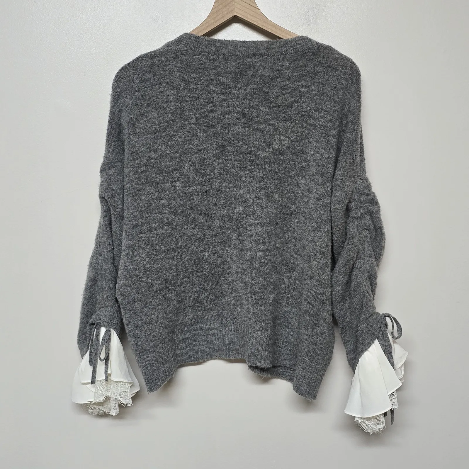 Cinq À Sept Atlas Lace Cinch‎ Sleeve Knit Cardigan Wool Blend Heather Gray Sz M - Image 6