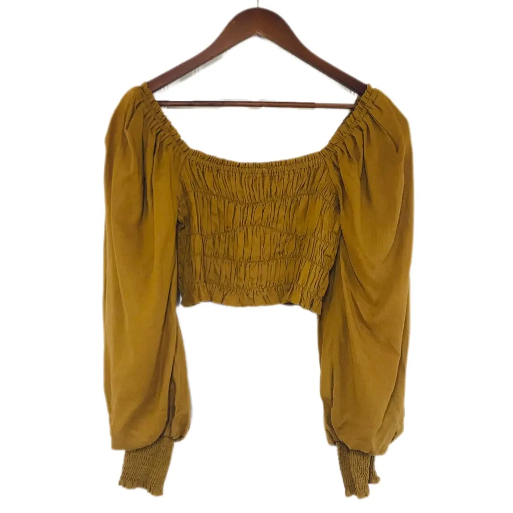 A LOVES A Cropped Peasant Top Mustard Brown Smocked Long‎ Sleeve Linen Size XS - Image 2