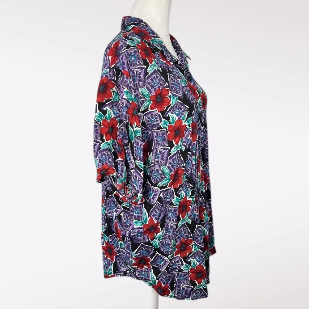 Vintage Fritzi Floral Rayon Short Sleeve Button Up Shirt Multiple Size L - Image 6
