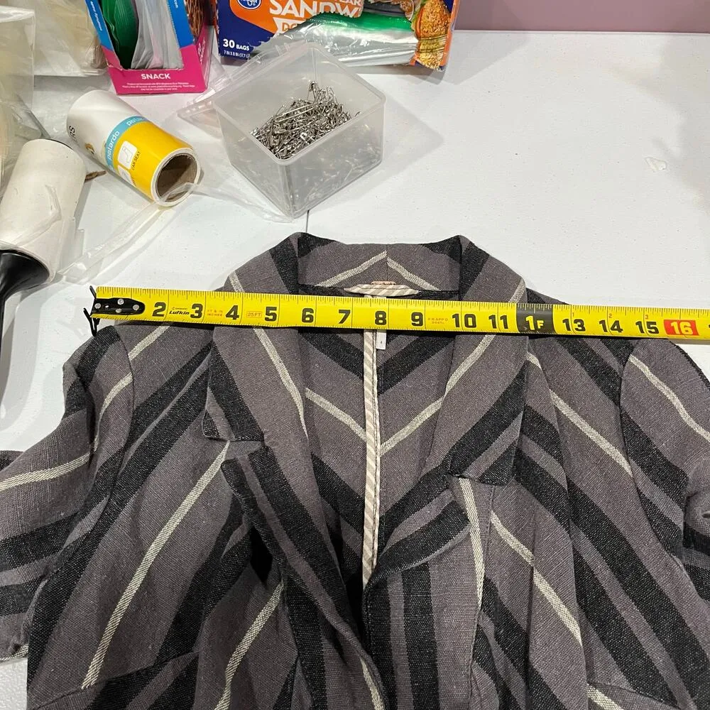 Free People Charcoal Combo Rumpled Stripe Yarn Dye Linen 4 Blazer Y2K Quirky - Image 9