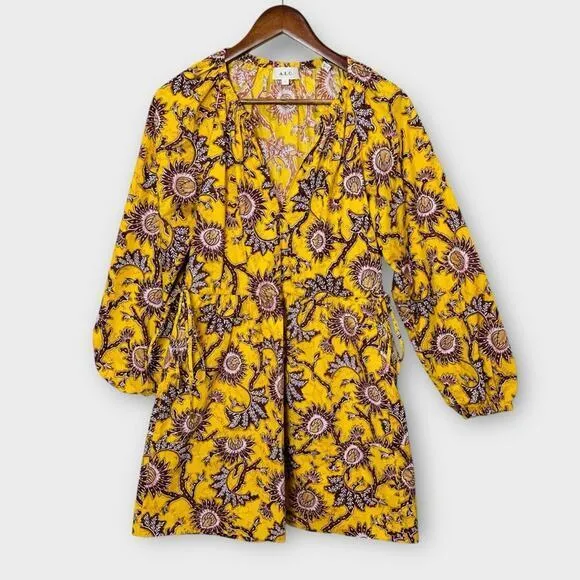 ALC Myra Floral‎ Mini Dress Women's Size 2 Yellow Beige Long Sleeve - Image 4