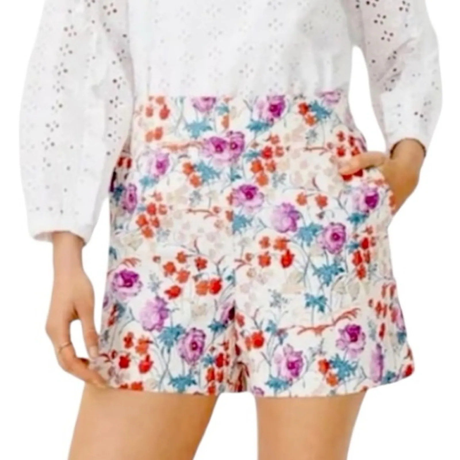 Ann Taylor New Shorts High Waisted Pockets Red Purple Floral Women's Size 14 - Image 14