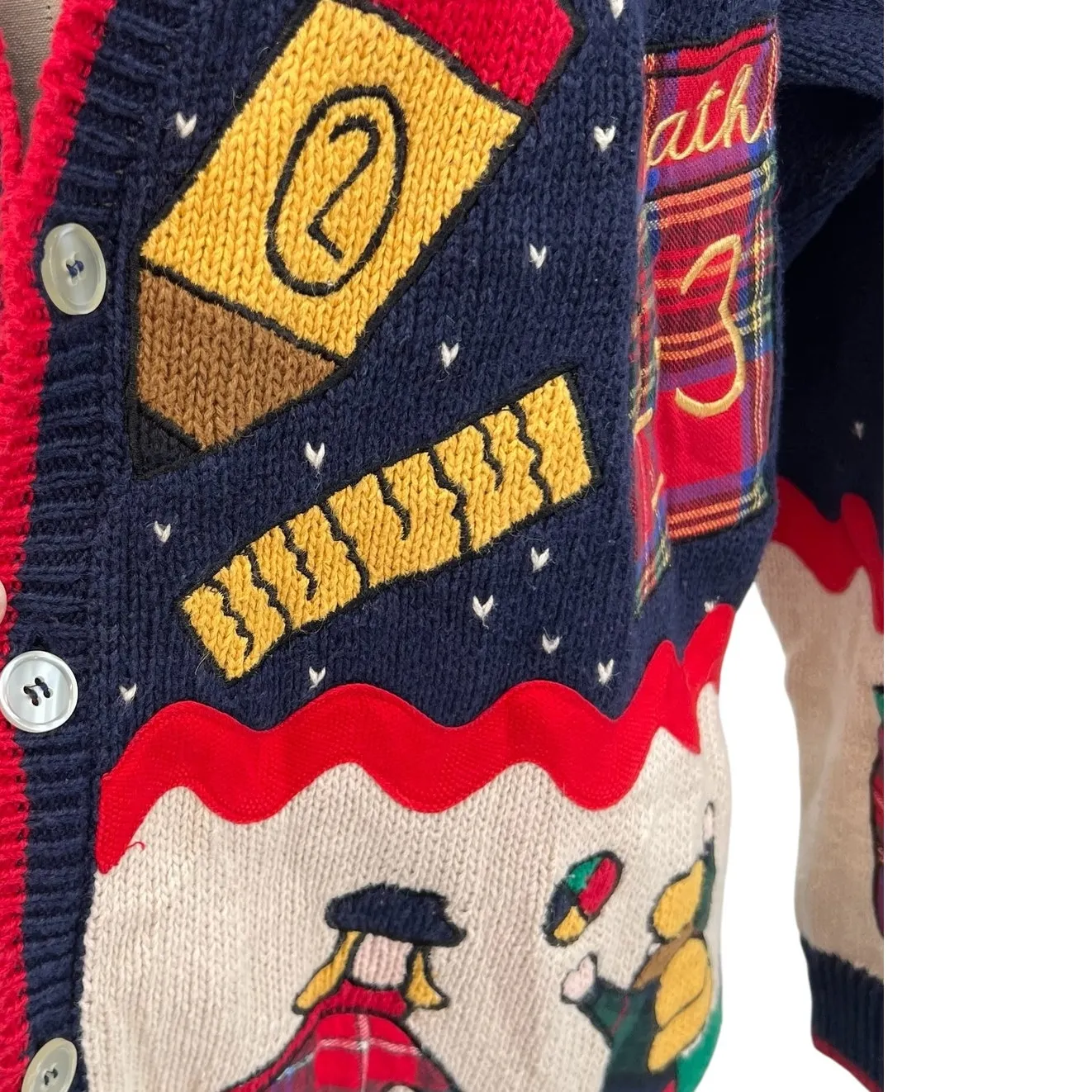 Vintage 90s BellePointe Folk Art Cardigan Sweater Novelty Print Blue Red Medium - Image 6
