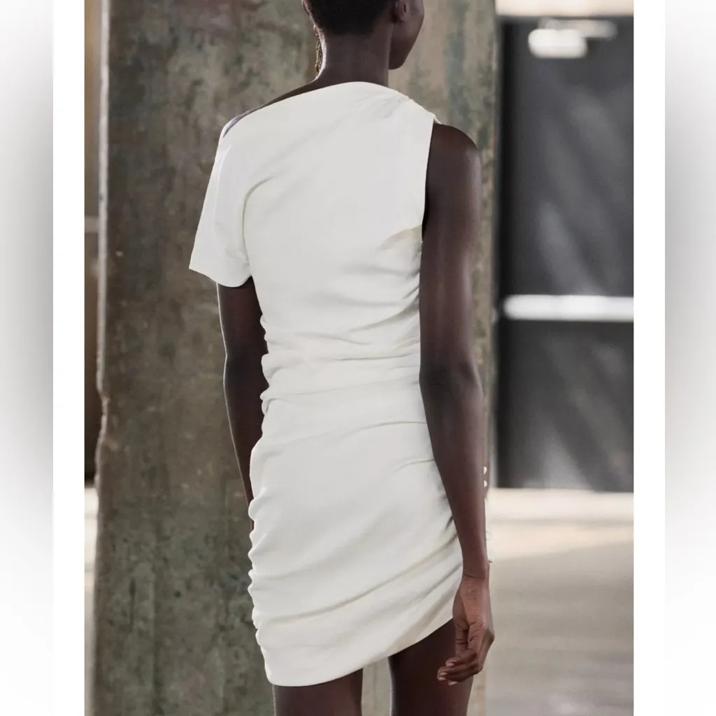 Zara NWT white mini dress asymmetrical draped off shoulder ruched dress - Image 6
