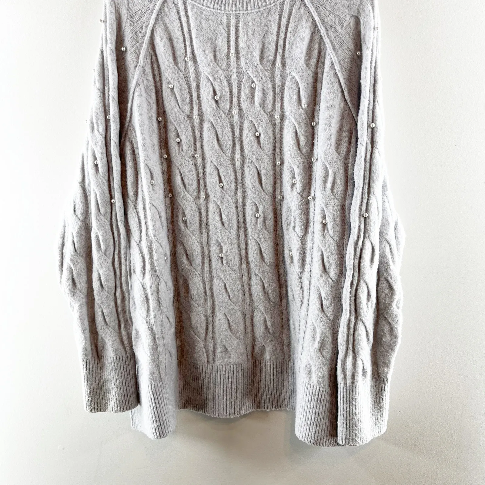 Aerie unReal Crewneck Long Sleeve Cable Pearl Detail Sweater Gray Small - Image 6
