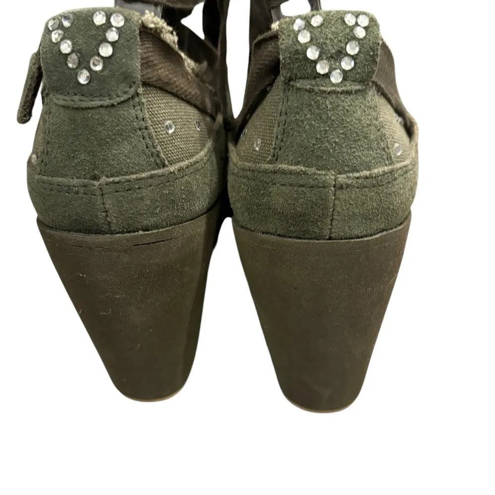 Very Volatile Vtg Y2K Rockabilly Suede/Canvas Ribbon Tie Rhinestone Accent Wedge - Image 8