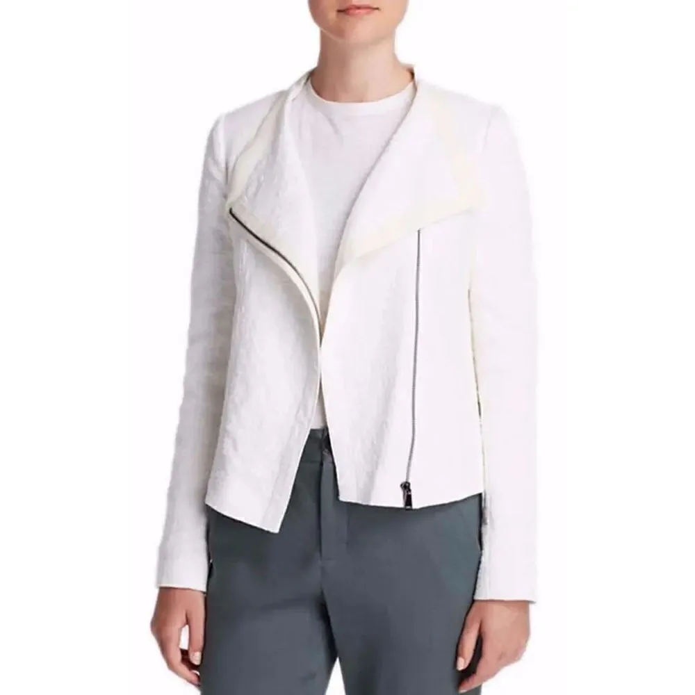 VINCE Cream TEXTURED ZIPPER FRISE asymmetrical JACKET $425  sz XXS - Image 5