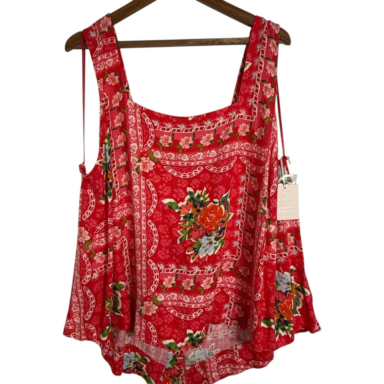 NWTs LC Lauren Conrad Plus Size Top Square‎ Neck Linen Blend Floral Red Pink 3X - Image 2