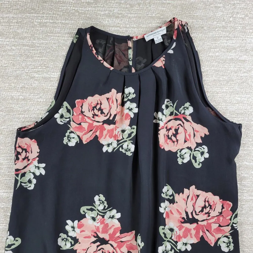 Katherine Barclay Maxi Dress Womens 10 Black Floral Pleated Casual Summer Lined - Image 13