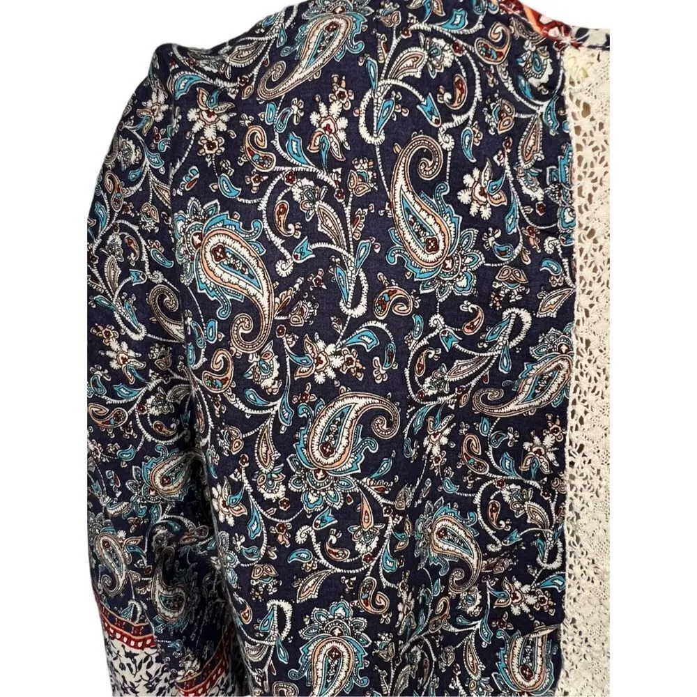 Kori America Paisley Patterned Short Sleeve Kimono With Fringe Hemming Blue Size M - Image 4