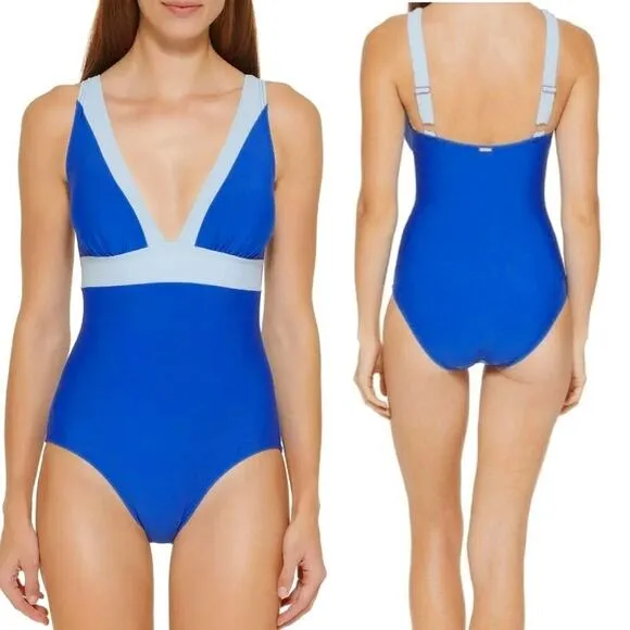 DKNY Lapis Swimsuit Size 16 Plunge Colorblock One Piece Plus Curvy Swim Blue NWT - Image 2
