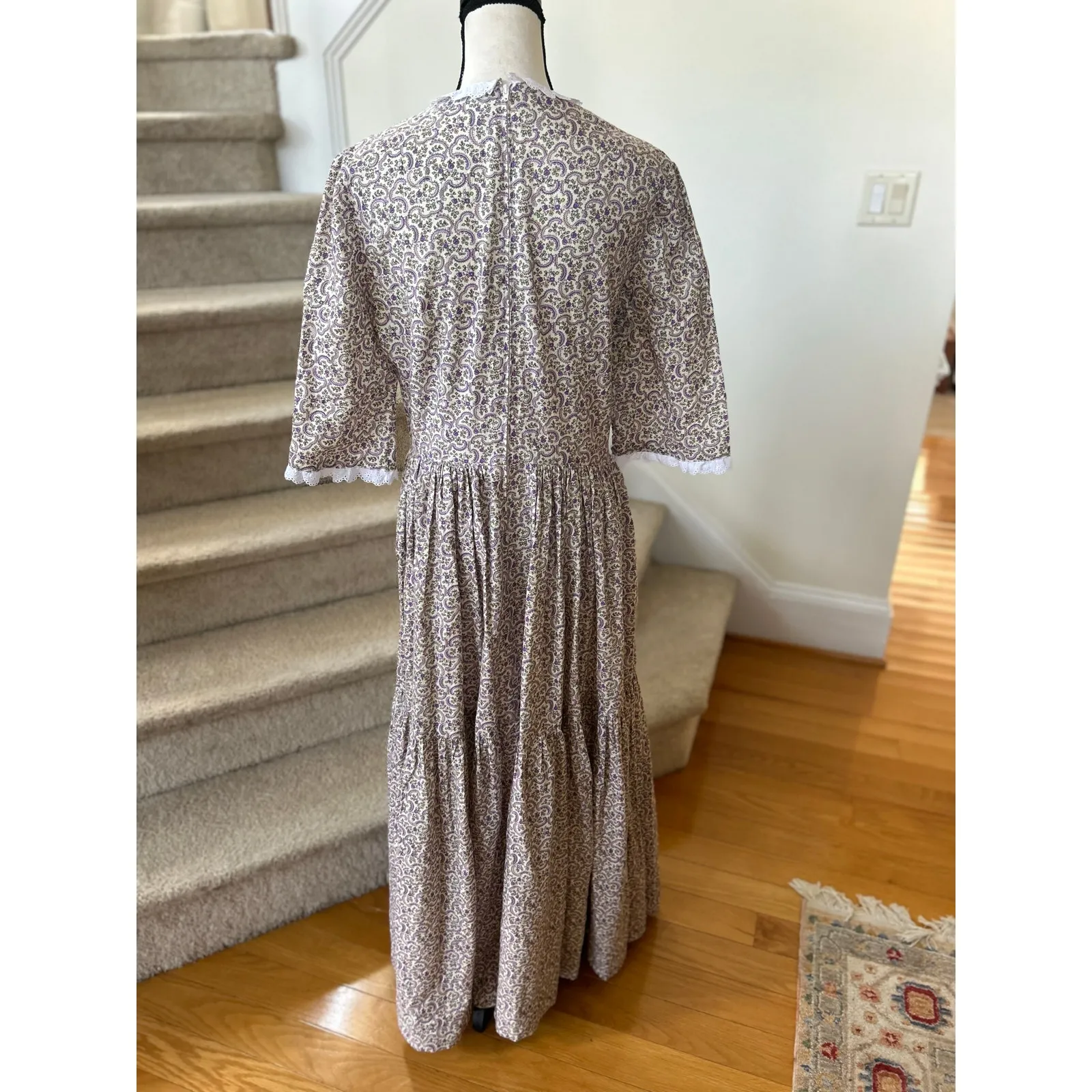 Vintage Purple Ditzy Floral Lace Scallop Collar Tiered Drop Waist Maxi Dress Size M - Image 8