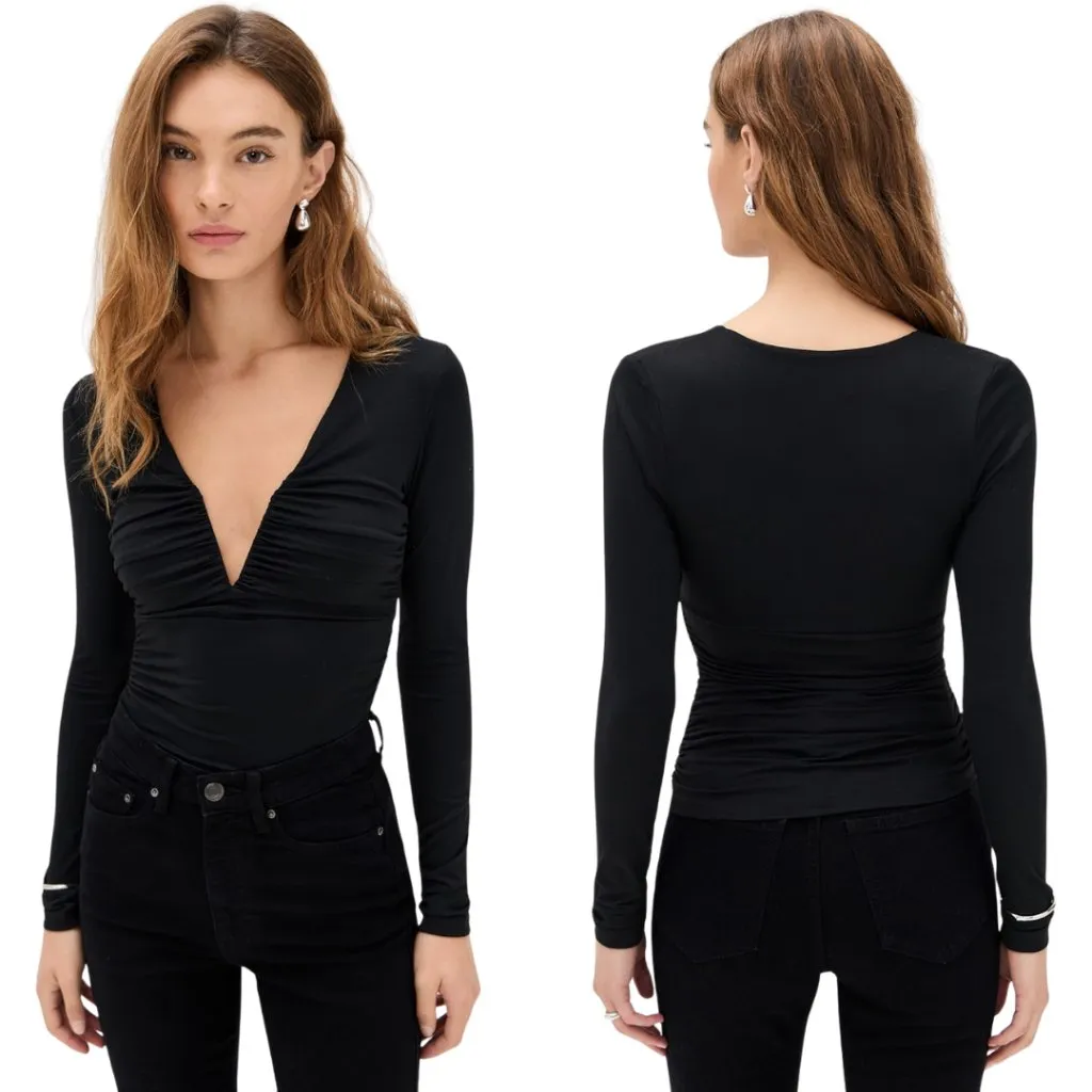 Susana Monaco V Wire Center Gathered Long Sleeve Top Women's Large Black NWT - Image 2