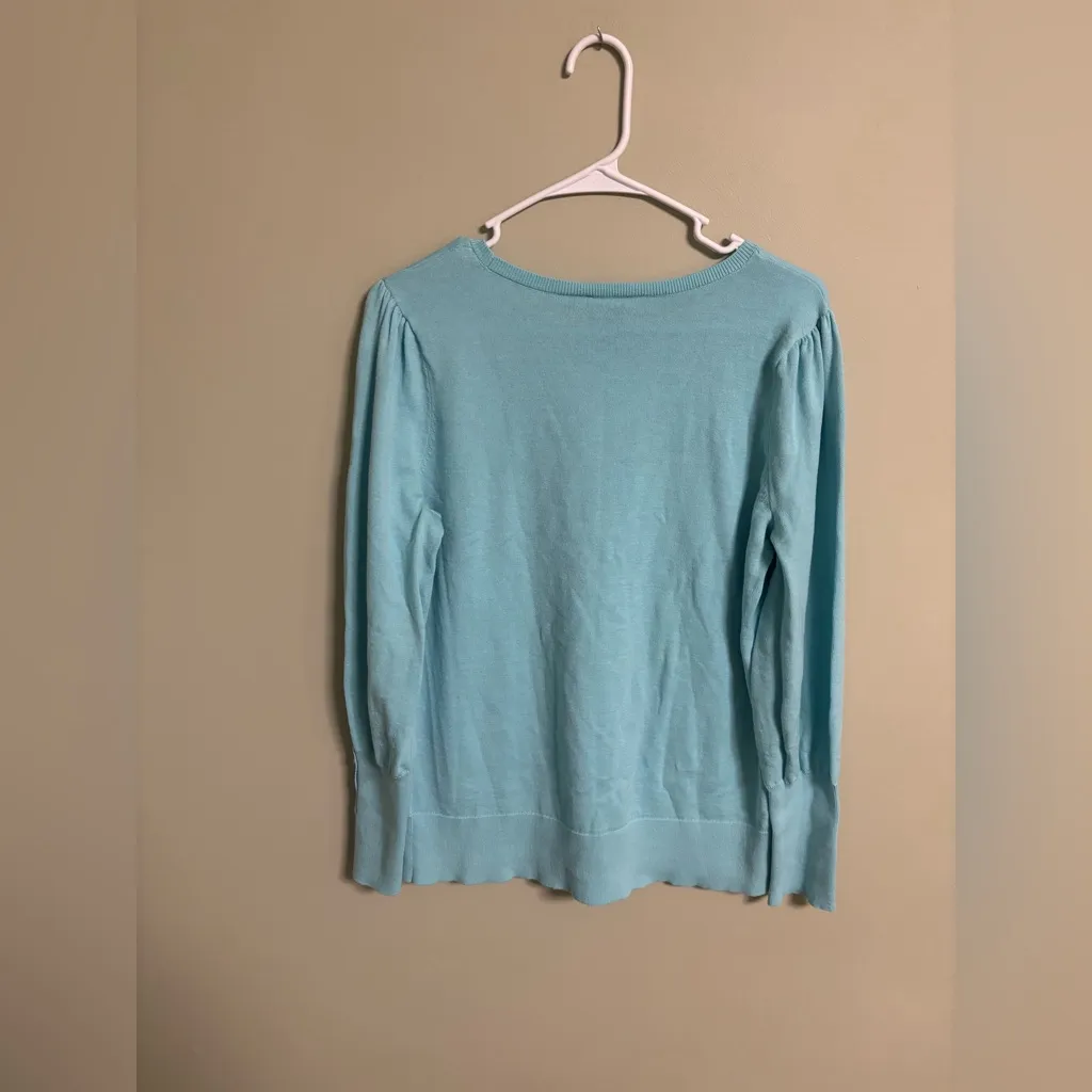 Talbots Size Medium Aqua Button Cuff Sweater Crewneck Cotton Blend Pullover - Image 2