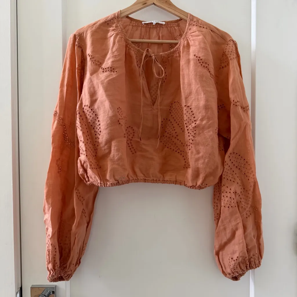Frame Women's Orange Eyelet Round Neck Tie Cropped Blouse Top Size M - Image 5