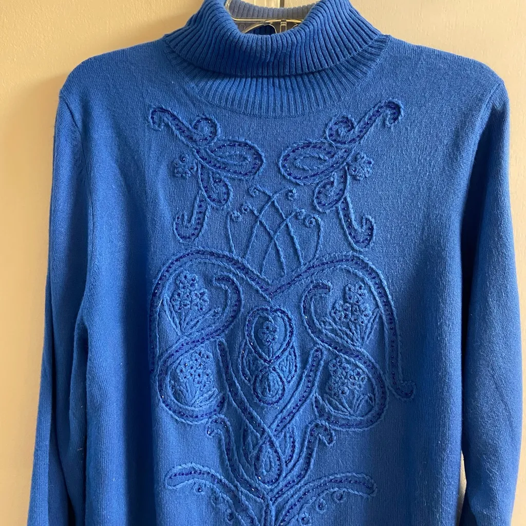 Oscar de la Renta VTG turtleneck sweater royal blue embroidered beaded XL - Image 4