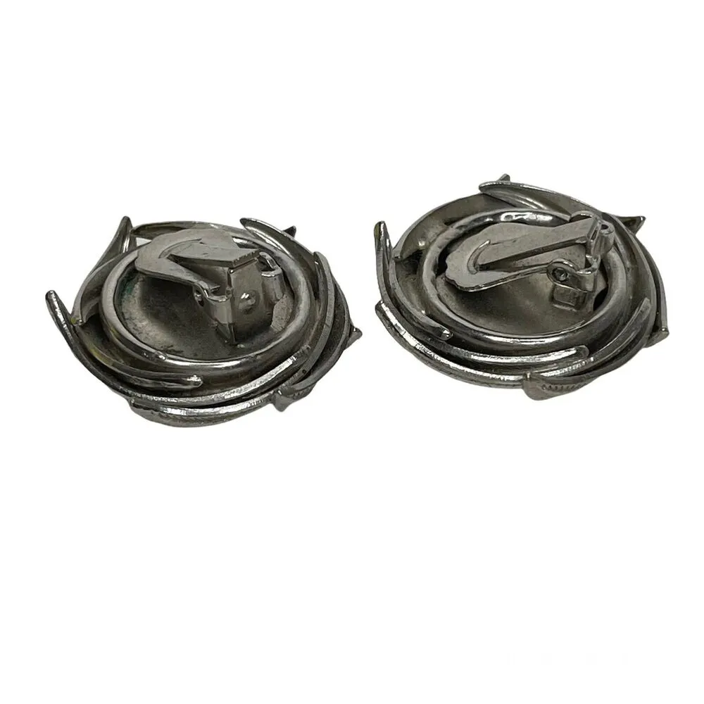 Vintage Silver Tone Round Ball Leaf Clip‎ On Earrings Costume Jewelry Retro - Image 4