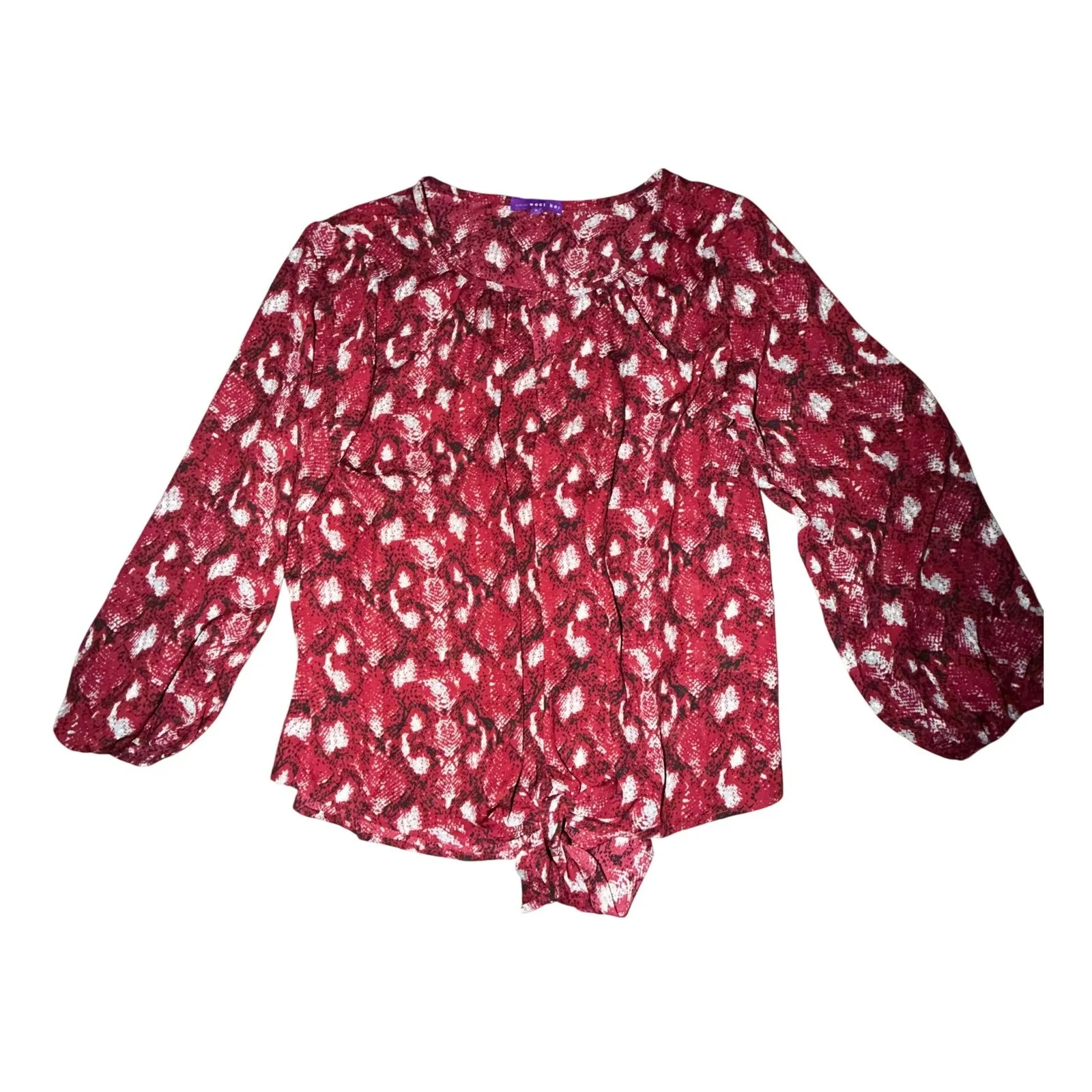 West Kei Women's Red Print Blouse Long Sleeve Tie Back, Size S, New - Image 3