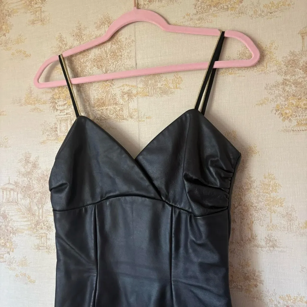 Vintage 80s J. Robert Leathers black leather bodycon mini dress gold detail 6 - Image 3