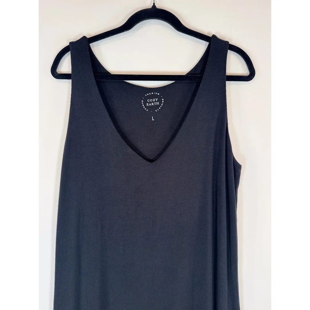 Cozy Earth Womens Sleep Dress Black Mini V Neck Ribbed Knit Nightgown Large - Image 4