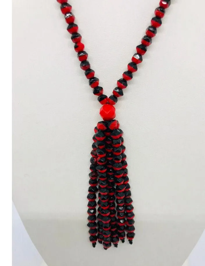 Vintage 20s Art Deco Lavaliere Tassel Fringe Red Back Glass Beaded Necklace - Image 6